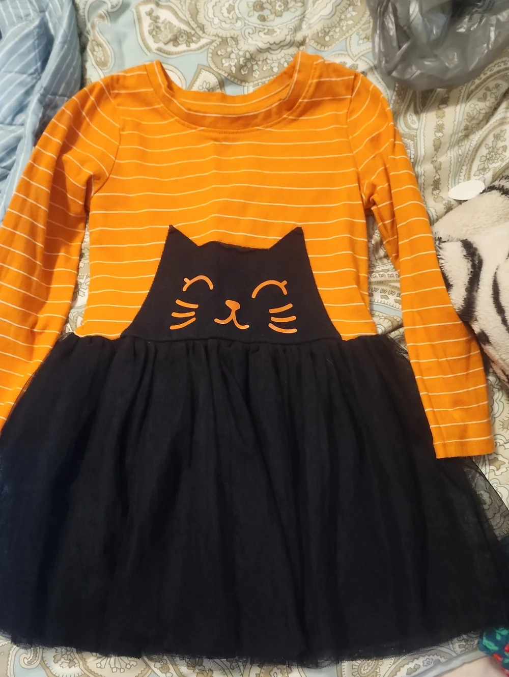 Sz 4T Cat & Jack Girls' Orange Stripe Long-Sleeve Cat Tulle Dress